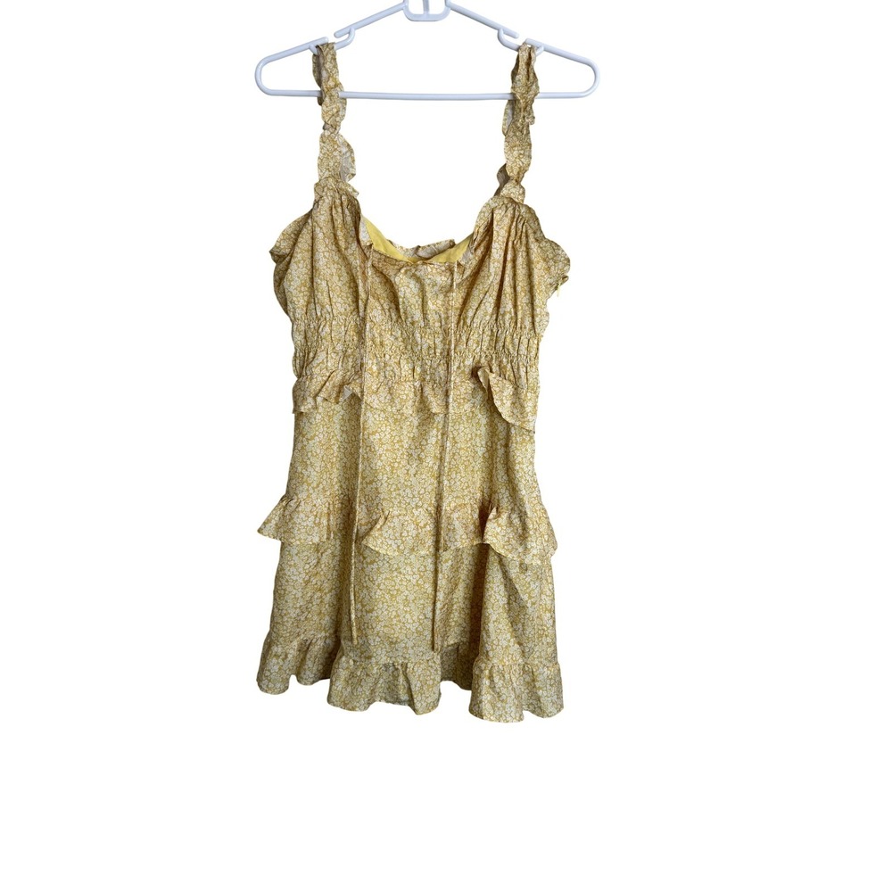 Polly Dress Womens 6 Yellow Floral Ruffle Smocked Strappy Mini Sundress Summer‎